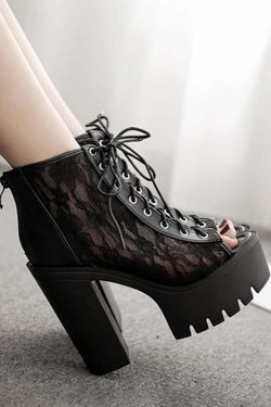 Gothic Lace Mesh Platform Boots - Y2K Grunge, 90s Fashion, Retro Style, Pastel Goth Outfits