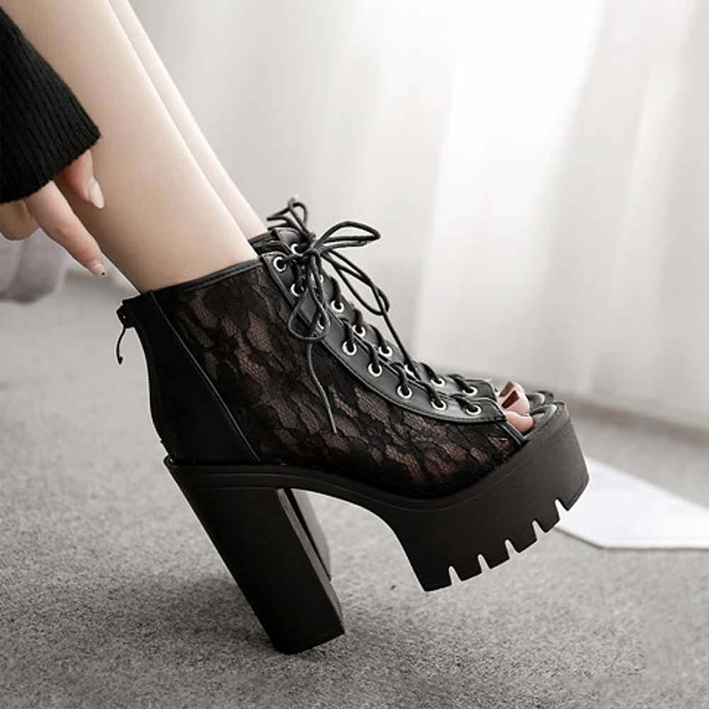 Gothic Lace Mesh Platform Boots - Y2K Grunge, 90s Fashion, Retro Style, Pastel Goth Outfits