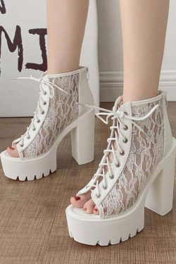 Gothic Lace Mesh Platform Boots - Y2K Grunge, 90s Fashion, Retro Style, Pastel Goth Outfits
