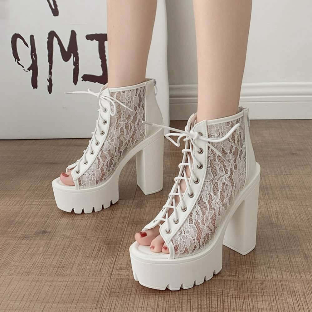 Gothic Lace Mesh Platform Boots - Y2K Grunge, 90s Fashion, Retro Style, Pastel Goth Outfits