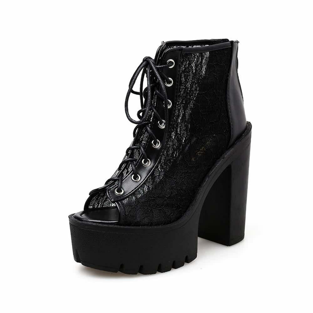 Gothic Lace Mesh Platform Boots - Y2K Grunge, 90s Fashion, Retro Style, Pastel Goth Outfits