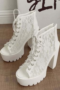 Gothic Lace Mesh Platform Boots - Y2K Grunge, 90s Fashion, Retro Style, Pastel Goth Outfits
