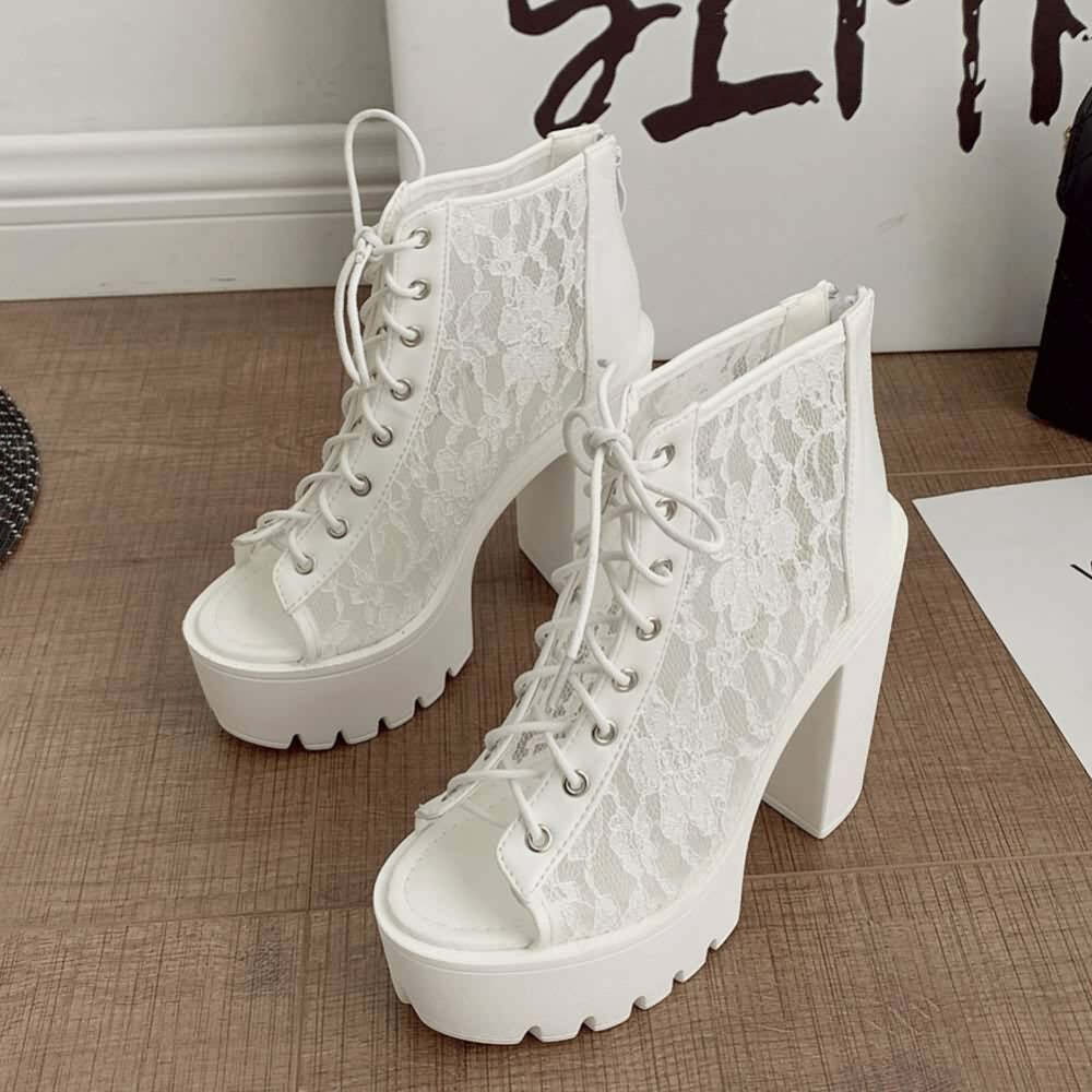Gothic Lace Mesh Platform Boots - Y2K Grunge, 90s Fashion, Retro Style, Pastel Goth Outfits