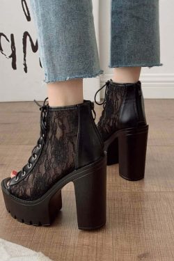 Gothic Lace Mesh Platform Boots - Y2K Grunge, 90s Fashion, Retro Style, Pastel Goth Outfits