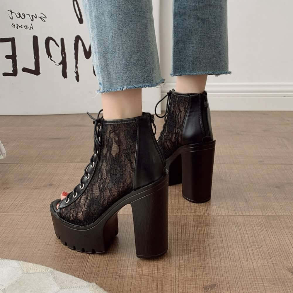 Gothic Lace Mesh Platform Boots - Y2K Grunge, 90s Fashion, Retro Style, Pastel Goth Outfits