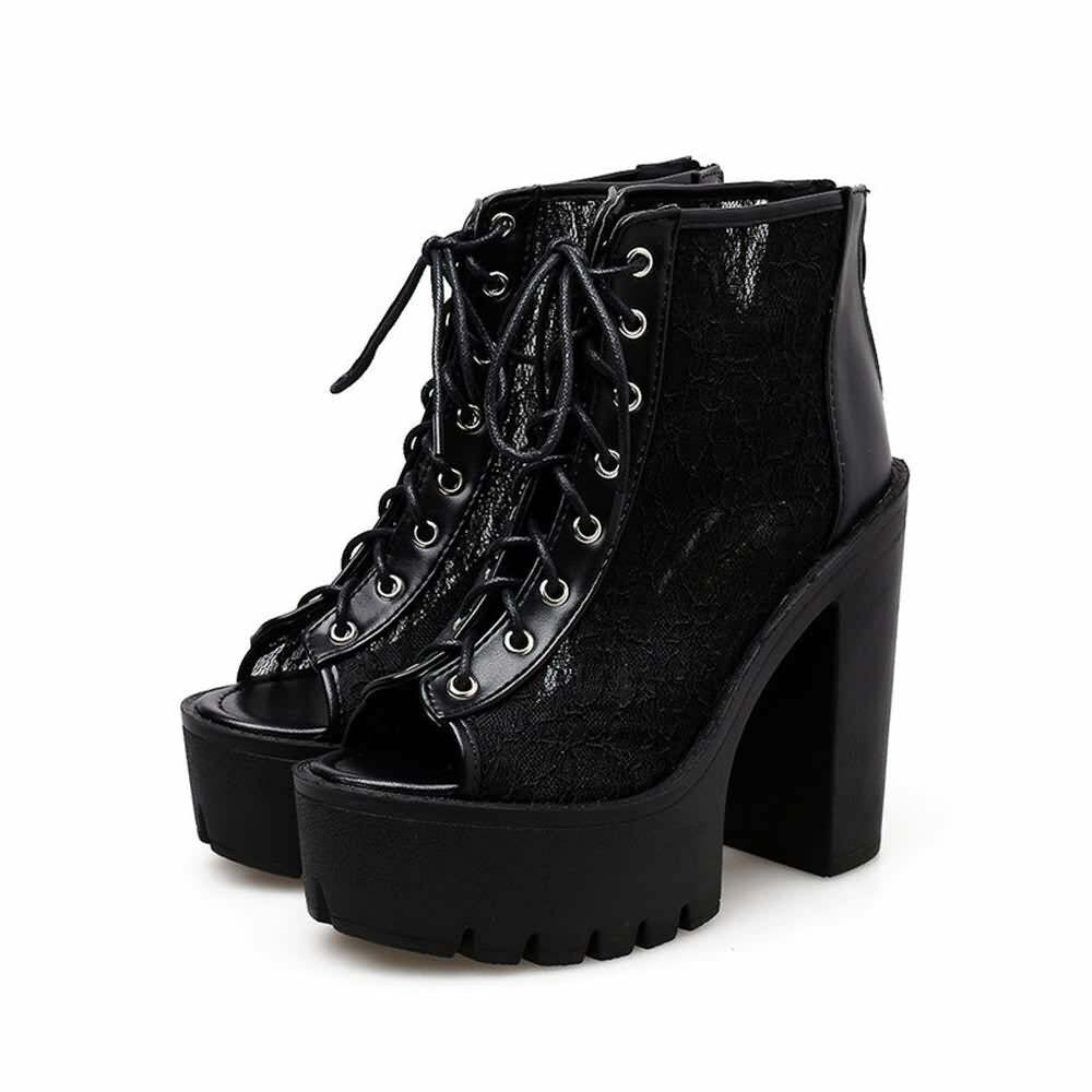 Gothic Lace Mesh Platform Boots - Y2K Grunge, 90s Fashion, Retro Style, Pastel Goth Outfits