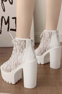 Gothic Lace Mesh Platform Boots - Y2K Grunge, 90s Fashion, Retro Style, Pastel Goth Outfits