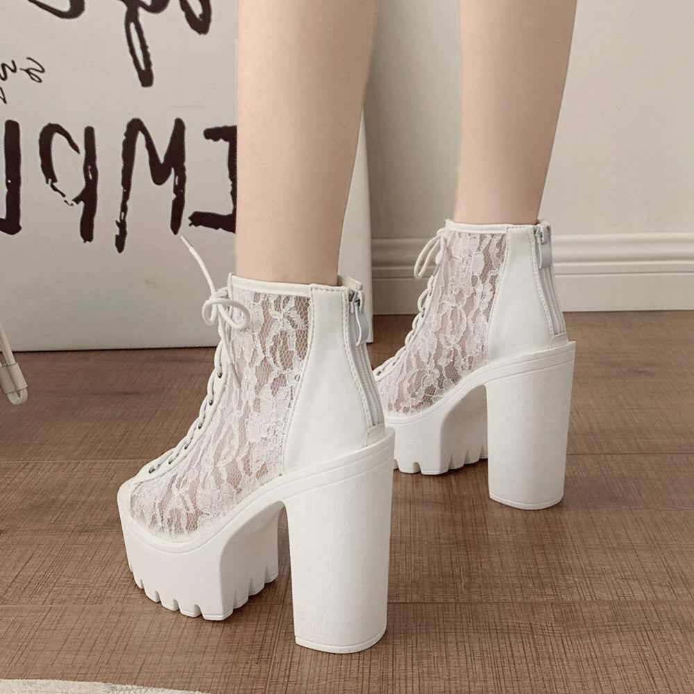 Gothic Lace Mesh Platform Boots - Y2K Grunge, 90s Fashion, Retro Style, Pastel Goth Outfits