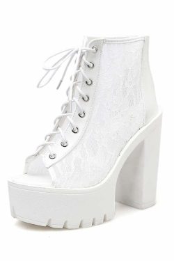 Gothic Lace Mesh Platform Boots - Y2K Grunge, 90s Fashion, Retro Style, Pastel Goth Outfits