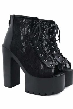 Gothic Lace Mesh Platform Boots - Y2K Grunge, 90s Fashion, Retro Style, Pastel Goth Outfits