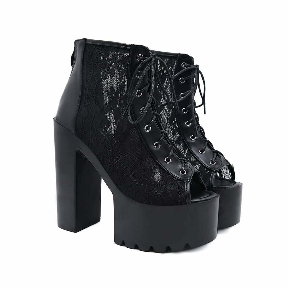 Gothic Lace Mesh Platform Boots - Y2K Grunge, 90s Fashion, Retro Style, Pastel Goth Outfits
