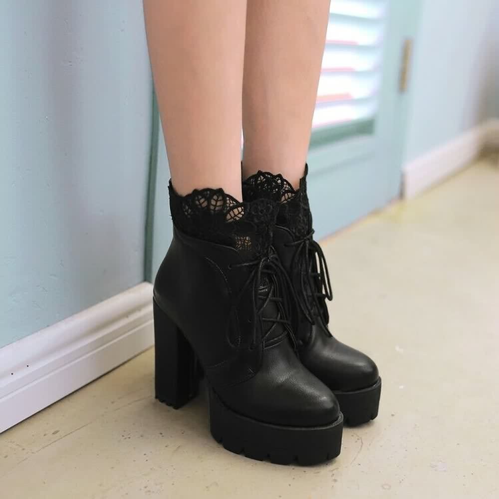 Gothic Lace Platform Boots - Y2K Grunge, 90s Fashion, Retro Style, Dark Y2K, Pastel Goth