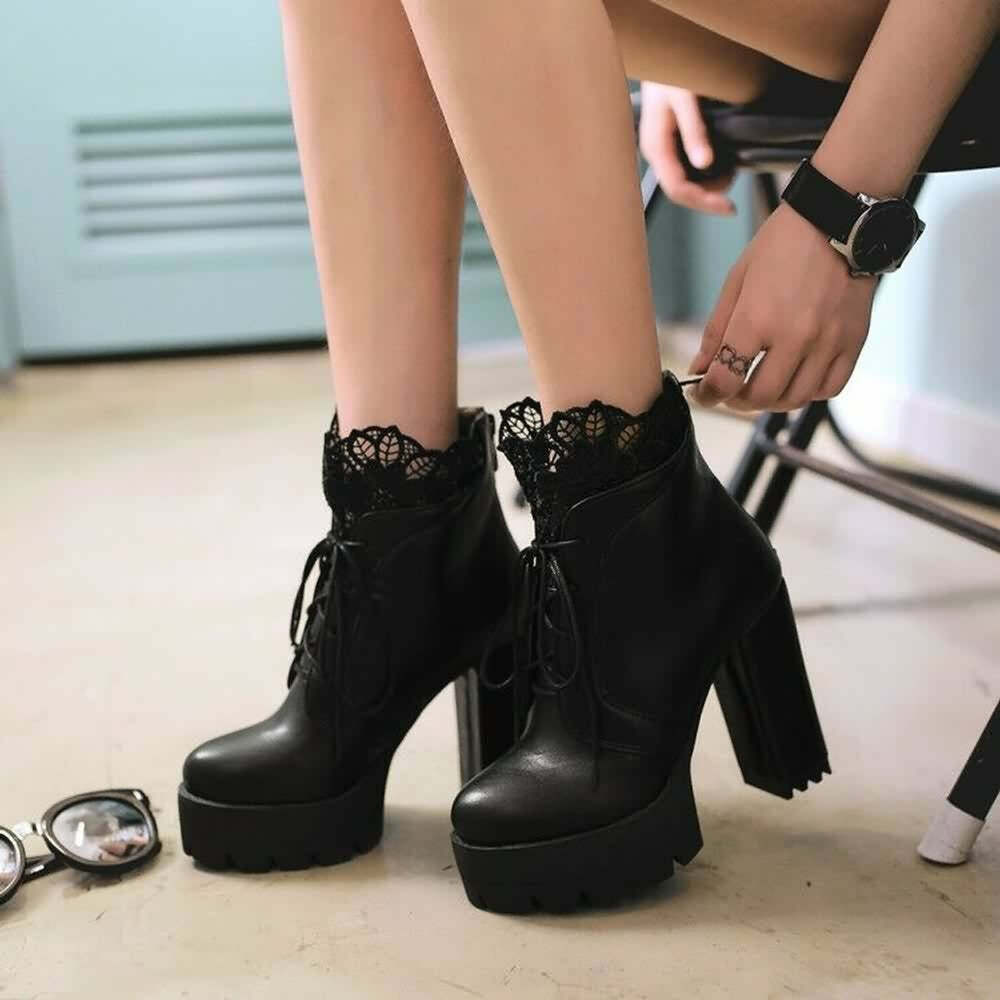 Gothic Lace Platform Boots - Y2K Grunge, 90s Fashion, Retro Style, Dark Y2K, Pastel Goth