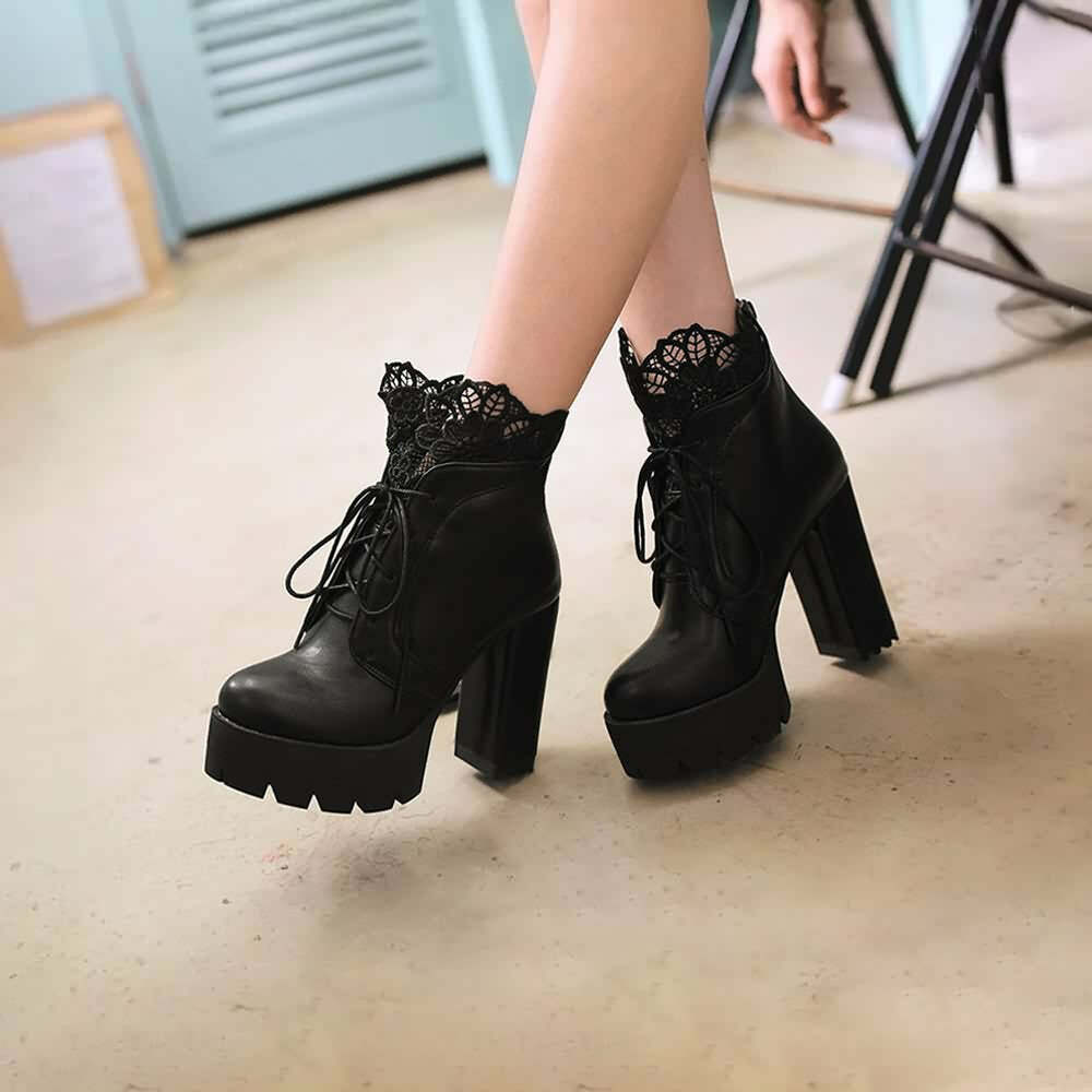 Gothic Lace Platform Boots - Y2K Grunge, 90s Fashion, Retro Style, Dark Y2K, Pastel Goth