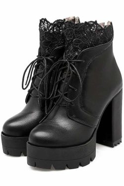 Gothic Lace Platform Boots - Y2K Grunge, 90s Fashion, Retro Style, Dark Y2K, Pastel Goth