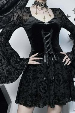 Gothic Lace Up Bell Sleeve Mesh Velvet Dress - Y2K Grunge, 90s Fashion, Retro Summer Outfit