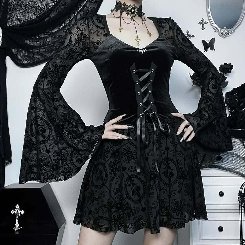 Gothic Lace Up Bell Sleeve Mesh Velvet Dress - Y2K Grunge, 90s Fashion, Retro Summer Outfit