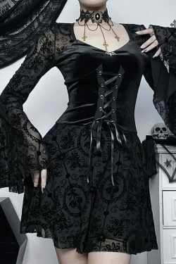 Gothic Lace Up Bell Sleeve Mesh Velvet Dress - Y2K Grunge, 90s Fashion, Retro Summer Outfit