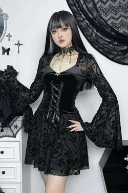 Gothic Lace Up Bell Sleeve Mesh Velvet Dress - Y2K Grunge, 90s Fashion, Retro Summer Outfit