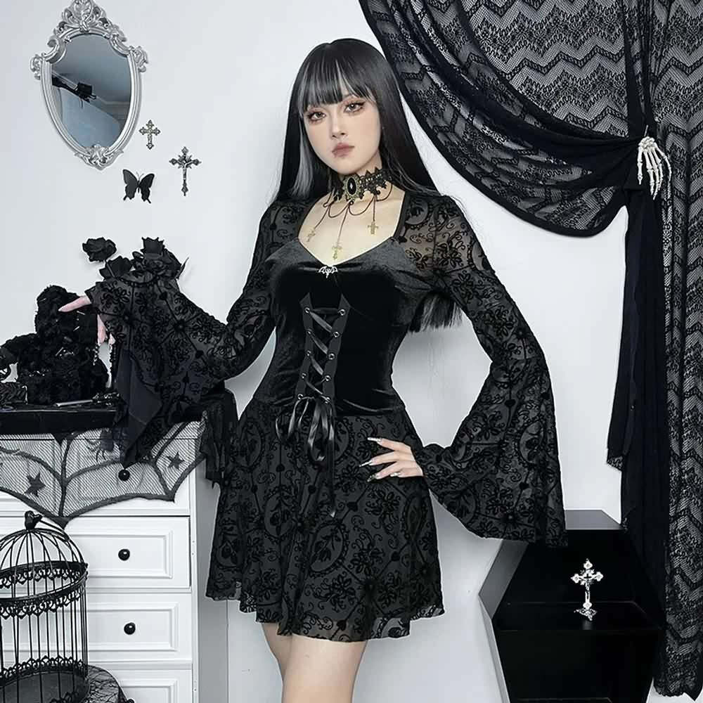 Gothic Lace Up Bell Sleeve Mesh Velvet Dress - Y2K Grunge, 90s Fashion, Retro Summer Outfit