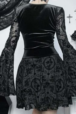 Gothic Lace Up Bell Sleeve Mesh Velvet Dress - Y2K Grunge, 90s Fashion, Retro Summer Outfit