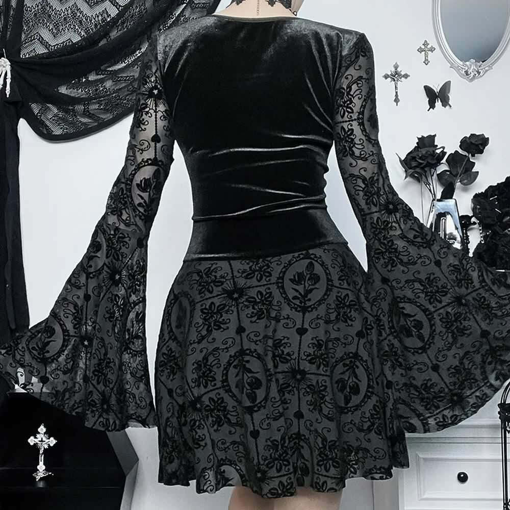 Gothic Lace Up Bell Sleeve Mesh Velvet Dress - Y2K Grunge, 90s Fashion, Retro Summer Outfit