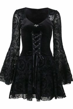 Gothic Lace Up Bell Sleeve Mesh Velvet Dress - Y2K Grunge, 90s Fashion, Retro Summer Outfit