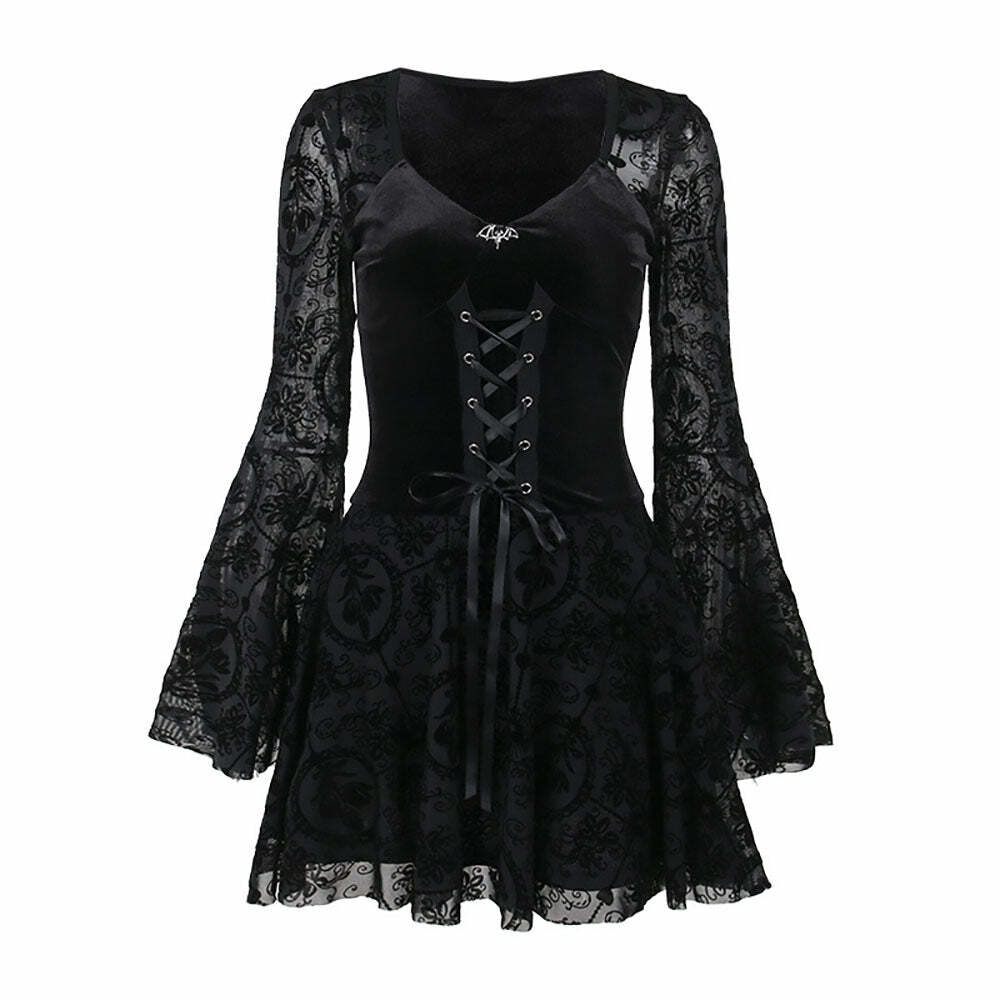 Gothic Lace Up Bell Sleeve Mesh Velvet Dress - Y2K Grunge, 90s Fashion, Retro Summer Outfit