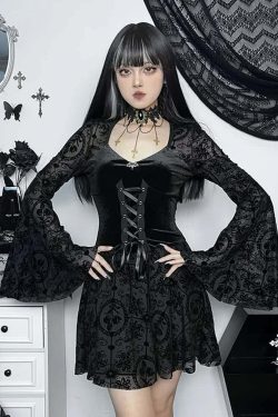 Gothic Lace Up Bell Sleeve Mesh Velvet Dress - Y2K Grunge, 90s Fashion, Retro Summer Outfit