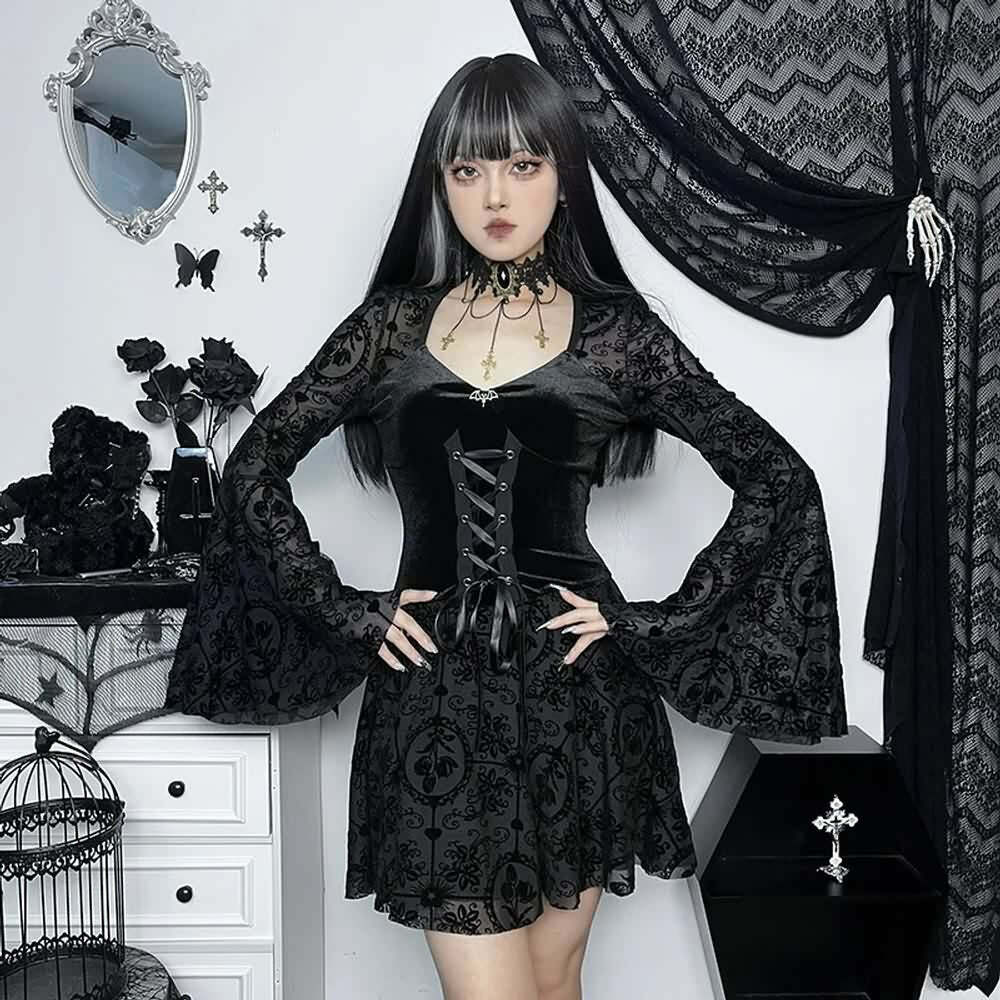 Gothic Lace Up Bell Sleeve Mesh Velvet Dress - Y2K Grunge, 90s Fashion, Retro Summer Outfit