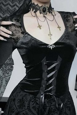 Gothic Lace Up Bell Sleeve Mesh Velvet Dress - Y2K Grunge, 90s Fashion, Retro Summer Outfit