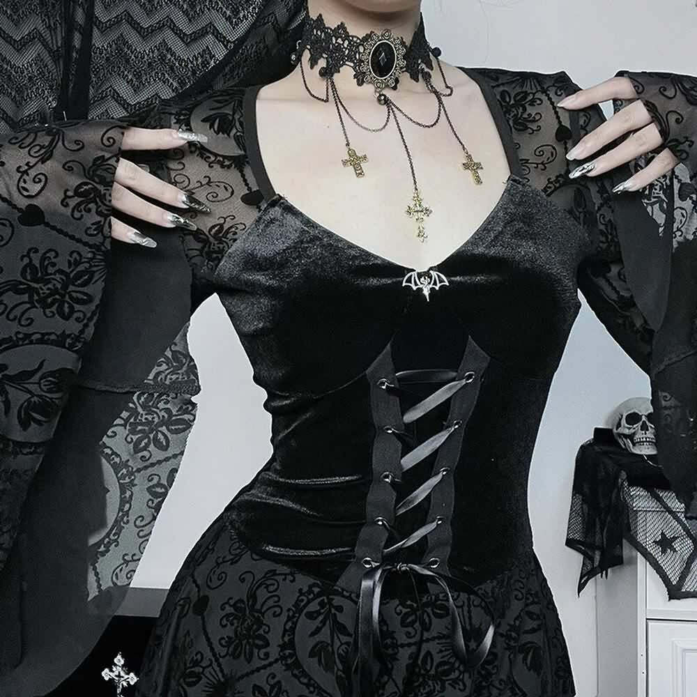 Gothic Lace Up Bell Sleeve Mesh Velvet Dress - Y2K Grunge, 90s Fashion, Retro Summer Outfit