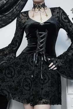 Gothic Lace Up Bell Sleeve Mesh Velvet Dress - Y2K Grunge, 90s Fashion, Retro Summer Outfit
