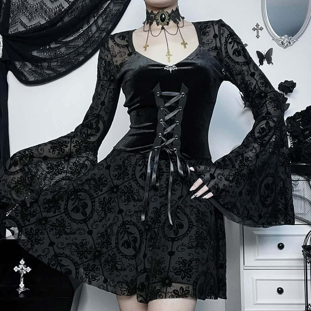 Gothic Lace Up Bell Sleeve Mesh Velvet Dress - Y2K Grunge, 90s Fashion, Retro Summer Outfit