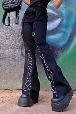 Gothic Lace Up Black Trousers - Y2K Grunge, 90s Fashion, Retro Style, Y2K Club & Party