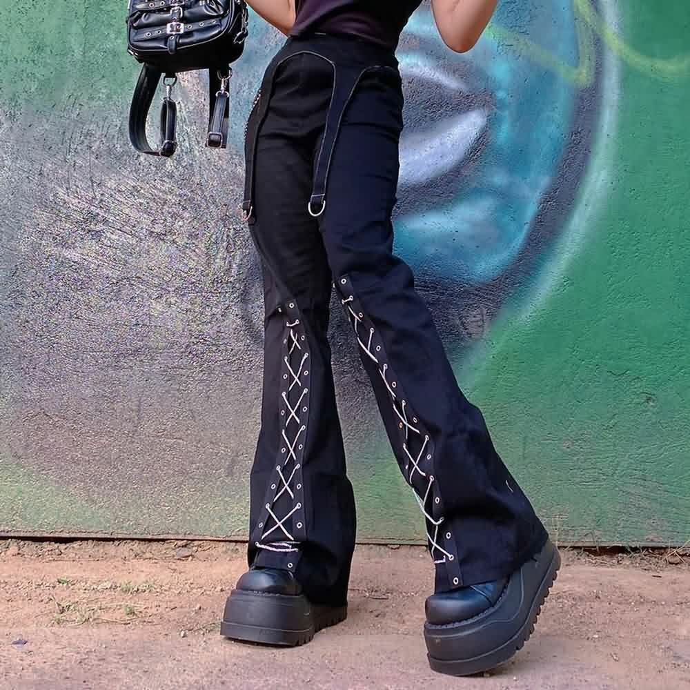 Gothic Lace Up Black Trousers - Y2K Grunge, 90s Fashion, Retro Style, Y2K Club & Party