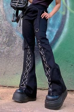Gothic Lace Up Black Trousers - Y2K Grunge, 90s Fashion, Retro Style, Y2K Club & Party