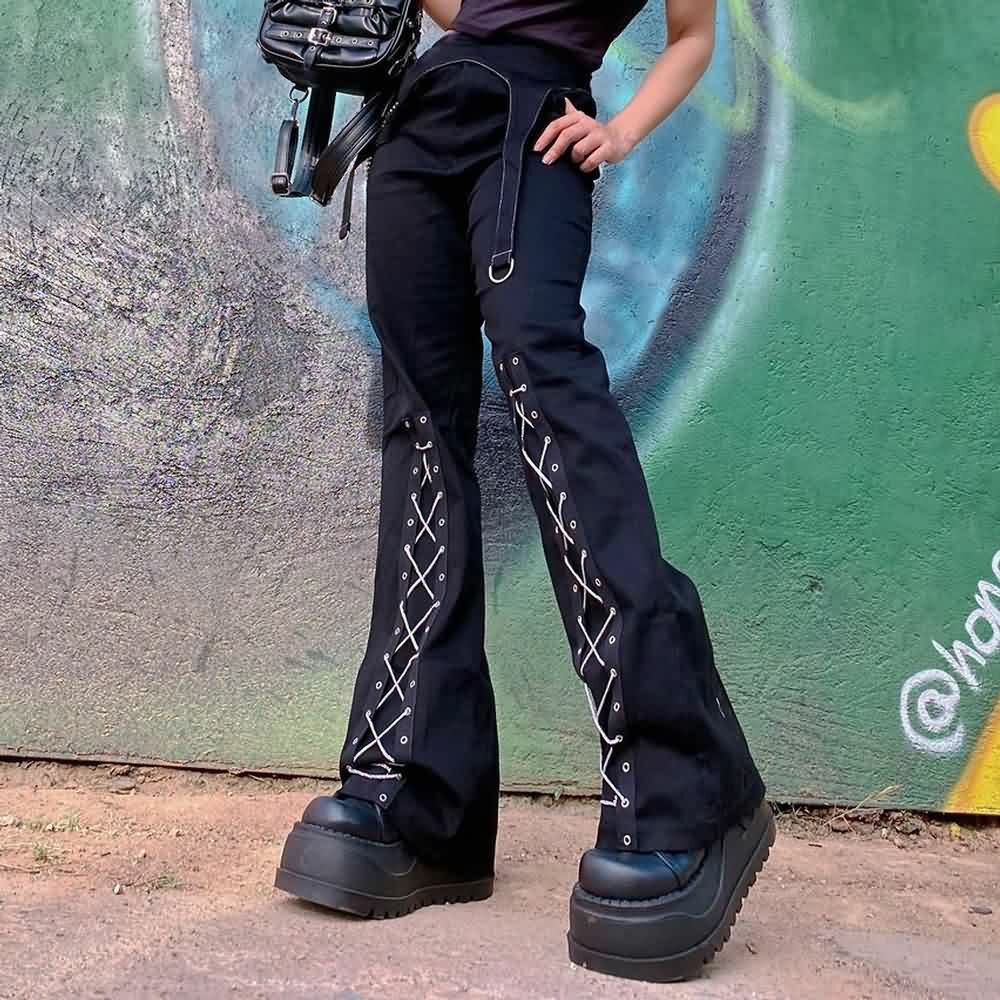 Gothic Lace Up Black Trousers - Y2K Grunge, 90s Fashion, Retro Style, Y2K Club & Party