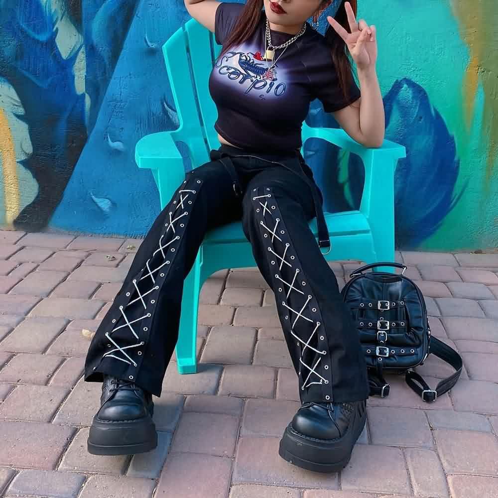 Gothic Lace Up Black Trousers - Y2K Grunge, 90s Fashion, Retro Style, Y2K Club & Party