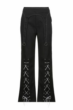 Gothic Lace Up Black Trousers - Y2K Grunge, 90s Fashion, Retro Style, Y2K Club & Party