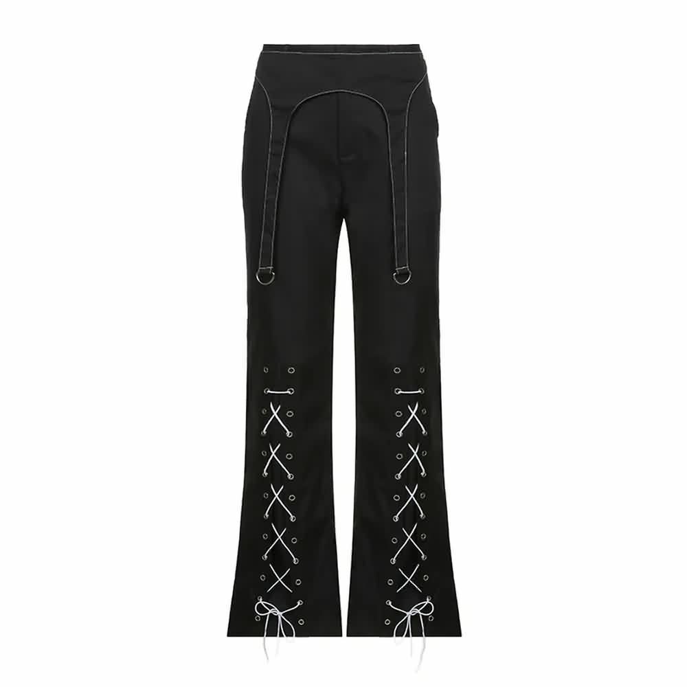 Gothic Lace Up Black Trousers - Y2K Grunge, 90s Fashion, Retro Style, Y2K Club & Party