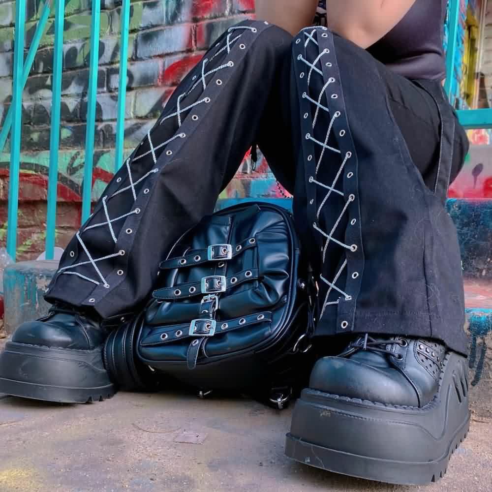 Gothic Lace Up Black Trousers - Y2K Grunge, 90s Fashion, Retro Style, Y2K Club & Party