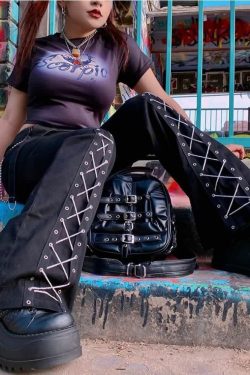 Gothic Lace Up Black Trousers - Y2K Grunge, 90s Fashion, Retro Style, Y2K Club & Party