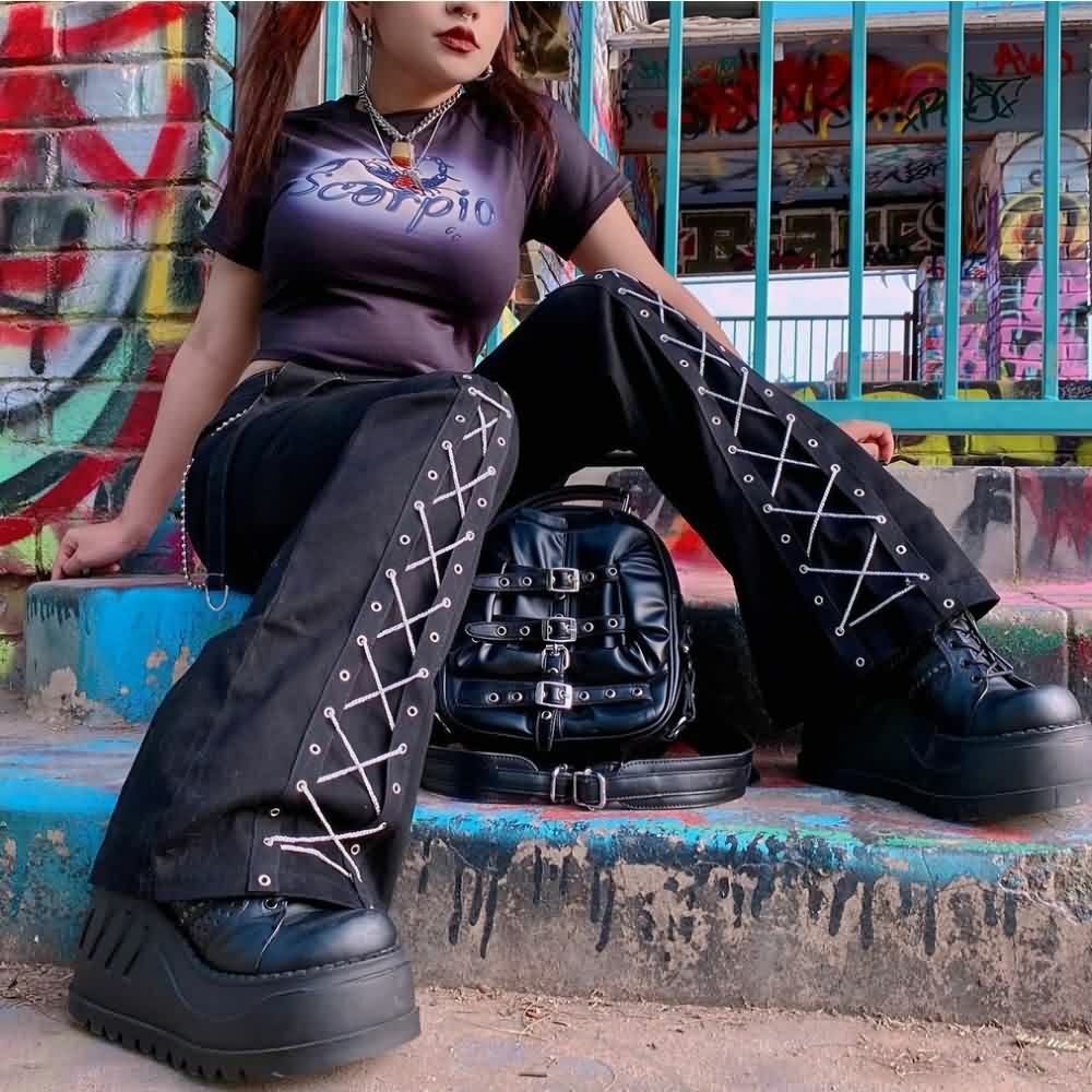 Gothic Lace Up Black Trousers - Y2K Grunge, 90s Fashion, Retro Style, Y2K Club & Party
