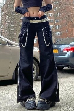 Gothic Lace Up Chain Pants - Y2K Grunge, 90s Fashion, Retro Style, Y2K Club & Party Outfits