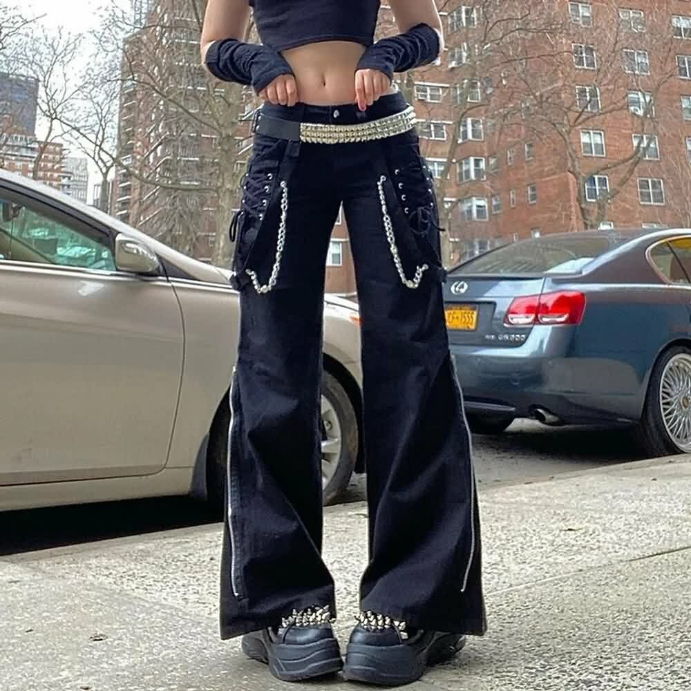 Gothic Lace Up Chain Pants - Y2K Grunge, 90s Fashion, Retro Style, Y2K Club & Party Outfits