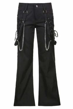 Gothic Lace Up Chain Pants - Y2K Grunge, 90s Fashion, Retro Style, Y2K Club & Party Outfits