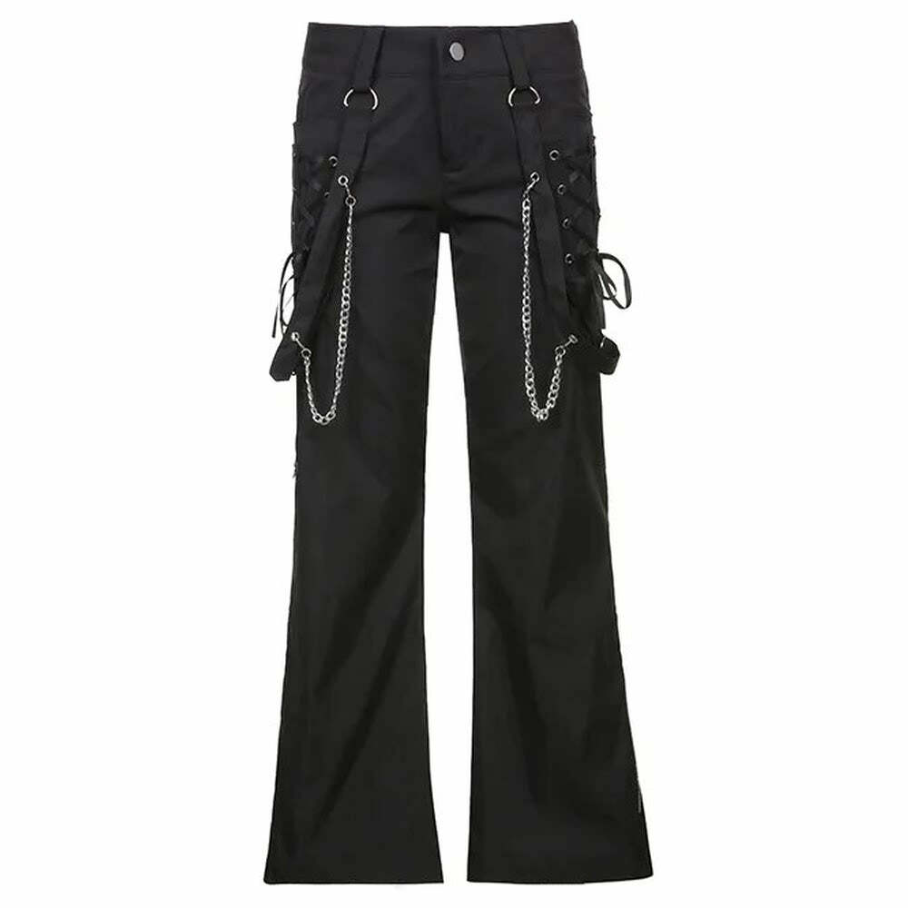 Gothic Lace Up Chain Pants - Y2K Grunge, 90s Fashion, Retro Style, Y2K Club & Party Outfits