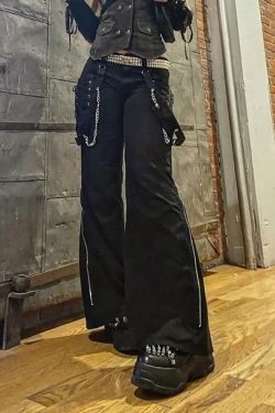 Gothic Lace Up Chain Pants - Y2K Grunge, 90s Fashion, Retro Style, Y2K Club & Party Outfits