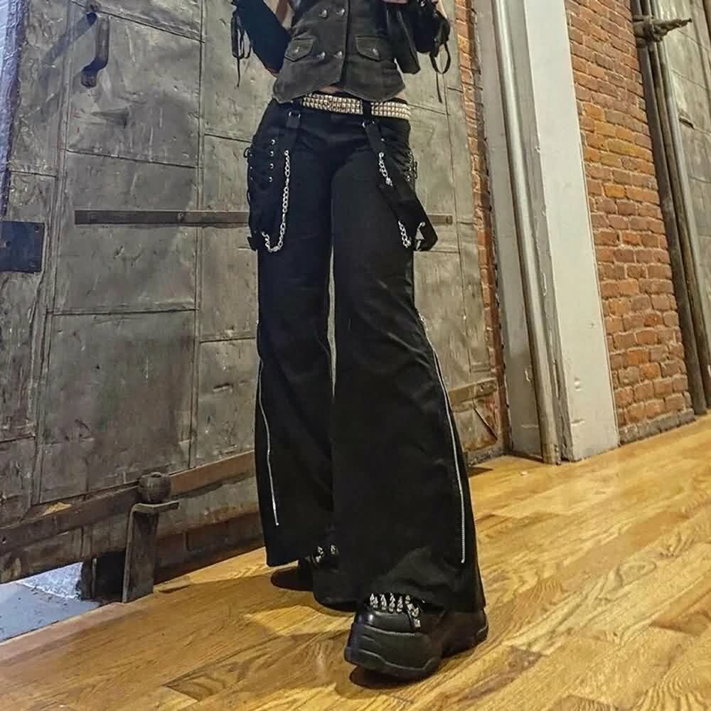 Gothic Lace Up Chain Pants - Y2K Grunge, 90s Fashion, Retro Style, Y2K Club & Party Outfits